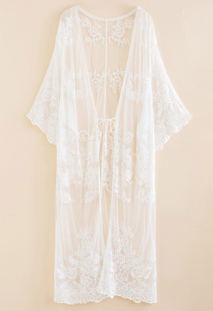 Floral Embroidery Self-Tie Front Kimono in White | Chicwish