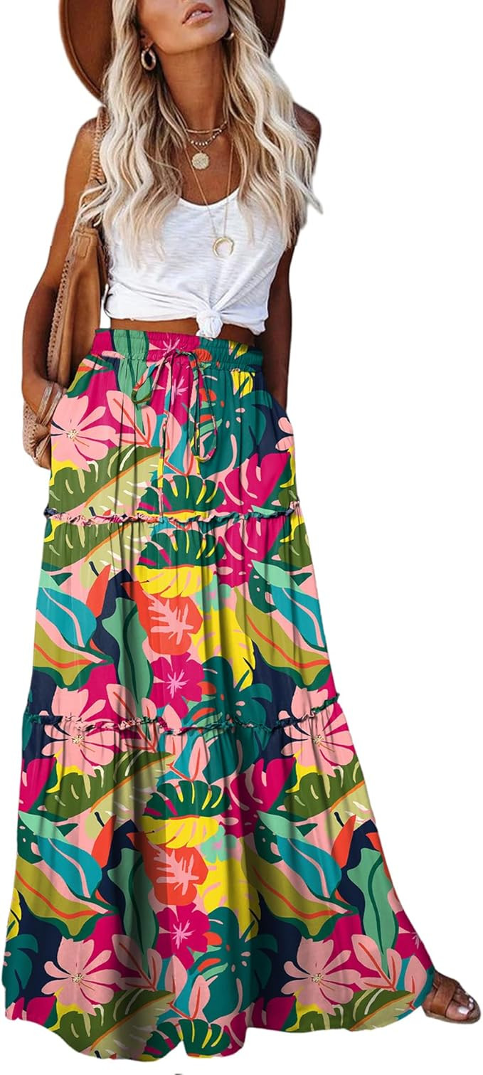 EARKOHA Womens Boho Maxi Skirt 2026 Summer Cruise Casual High Waist Tie Flowy Long Skirt with Poc... | Amazon (US)