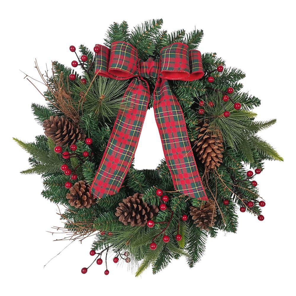 24-Inch Decorated Unlit Green Wreath with Bow, Holly Berrys and Cones | Belk