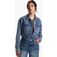 boohoo Women's Studded Western Denim Shirt in Mid Blue | Size: 12 | Denim/Cotton | boohoo (US & Canada)