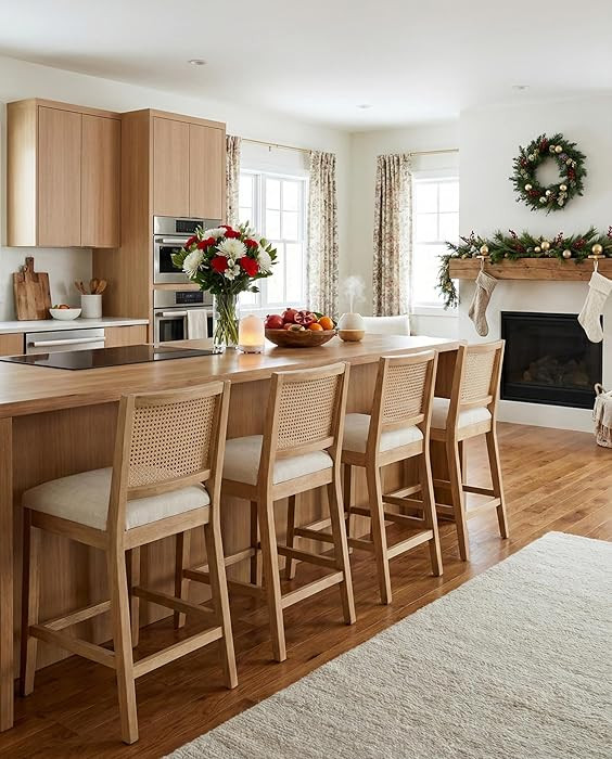 26 Inches Rattan Counter Stools Set of 4, Farmhouse Linen Fabric with Natural Wood Legs Counter H... | Amazon (US)