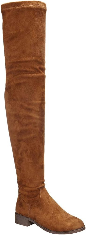 Nature Breeze Olympia 20 Womens Stretchy Thigh High Side Zipper Low Heel Combat Boots | Amazon (US)