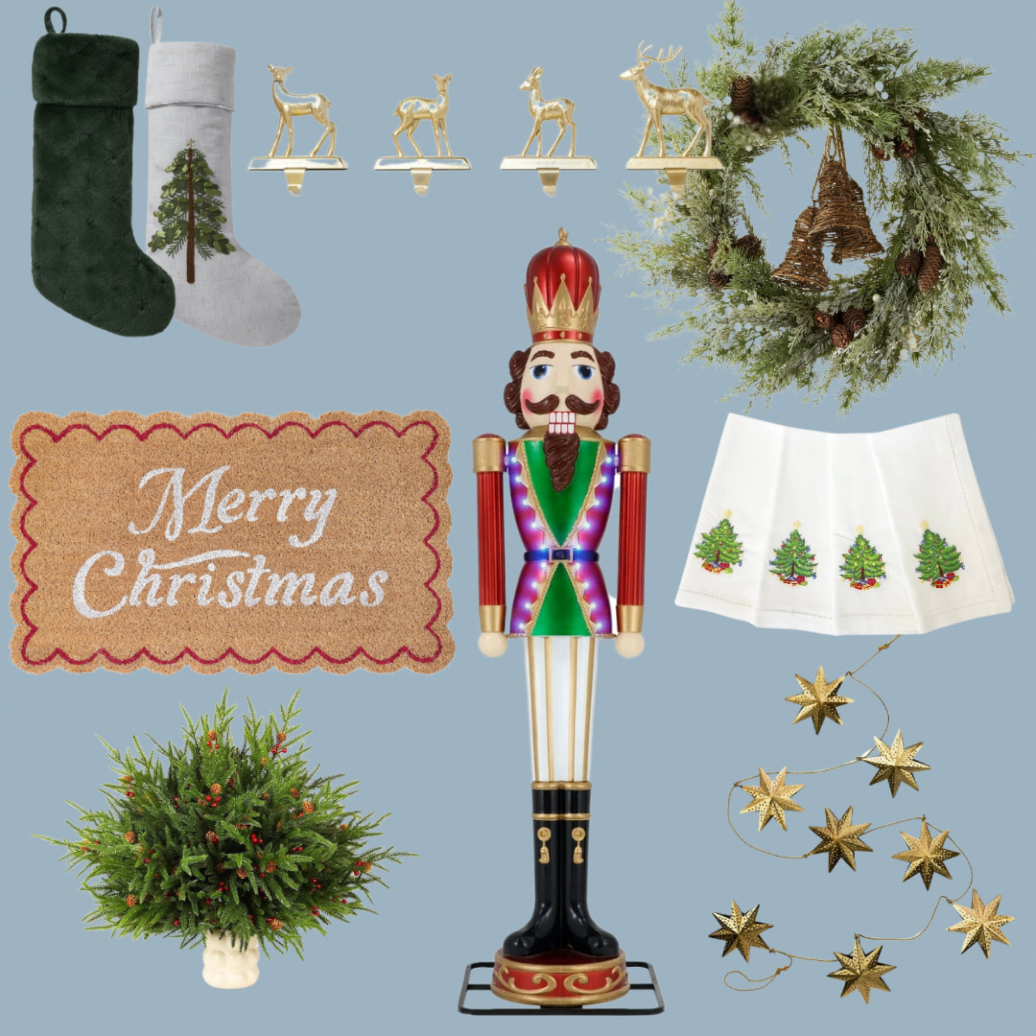 Christmas holiday decor nutcracker Christmas stocking gold stocking holder embroidered Christmas napkins Christmas wreath with bells Christmas stems 

#LTKHoliday #LTKHome #LTKSaleAlert