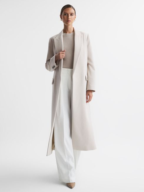 Reiss Neutral Lila Wool Blend Double Breasted Longline Coat | Reiss US