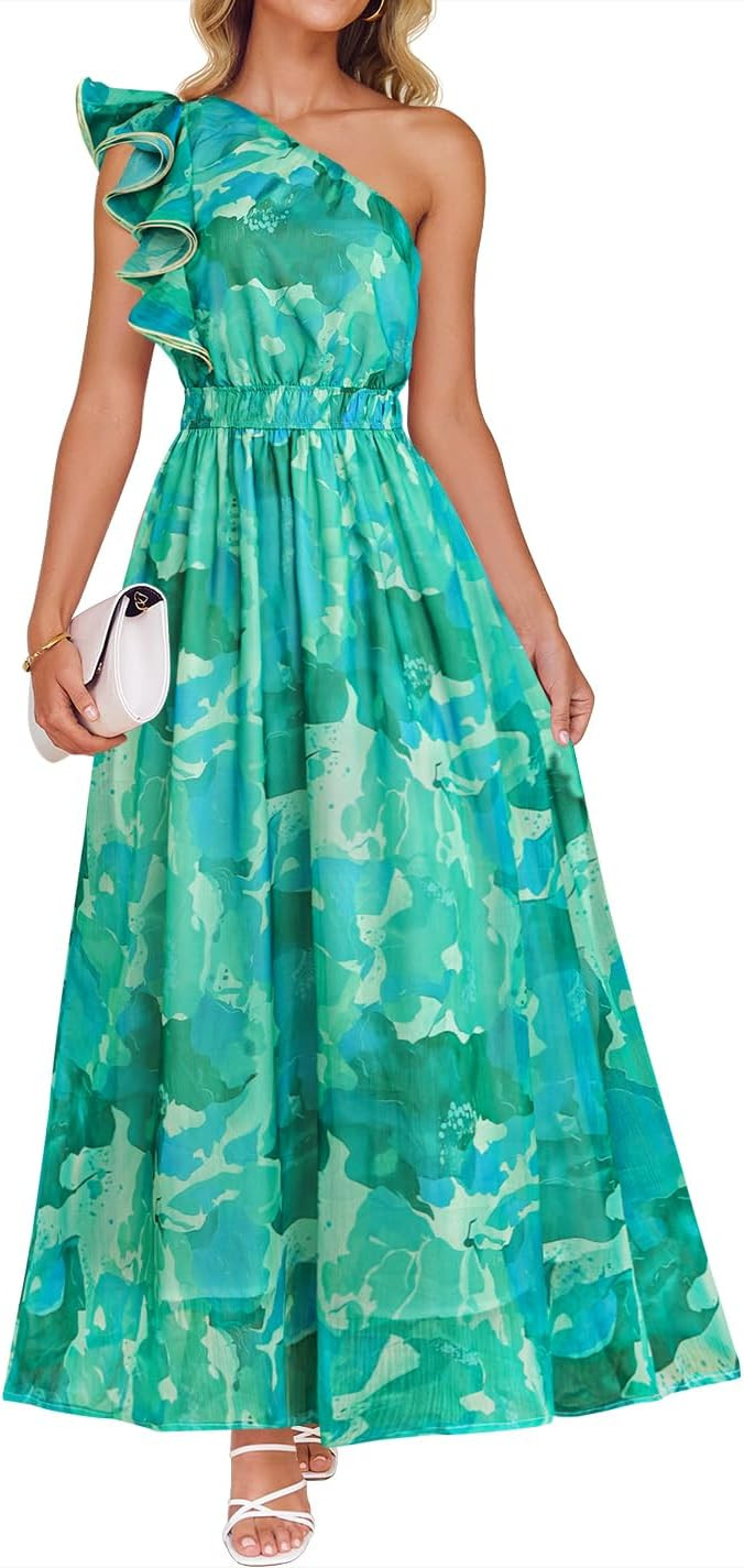 ZESICA Women's 2025 Boho Floral Sleeveless Maxi Dress Ruffle One Shoulder Elatsic High Waist Beac... | Amazon (US)