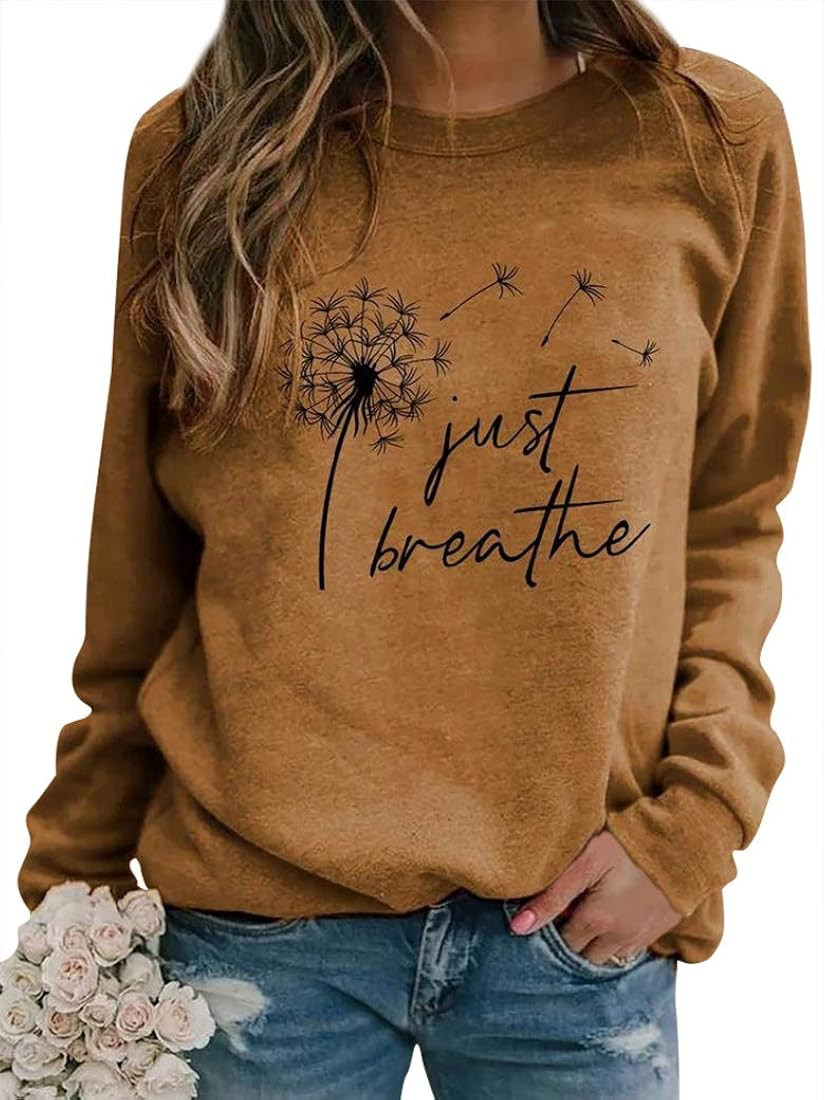 RMCMS Women Just Breathe Letter Print Dandelion Graphic Pullover Sweatshirt Crew Neck Long Sleeve... | Amazon (US)