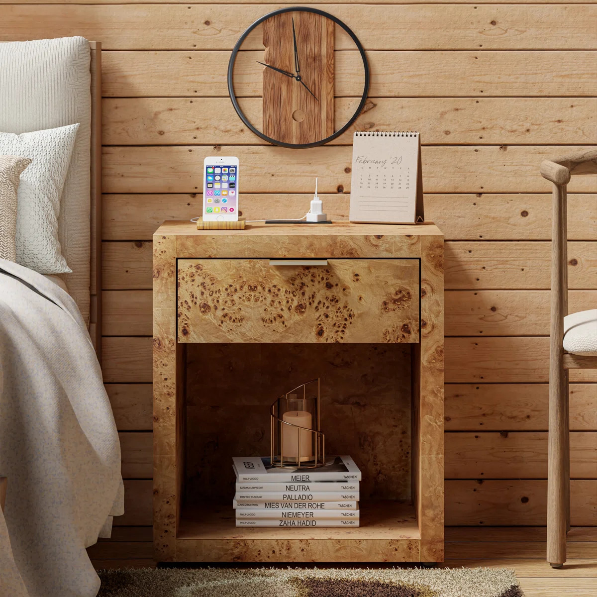 Loon Peak® Manish Farmhouse Burl Finish Nightstand With Charging Station And Open Shelf | Wayfai... | Wayfair North America