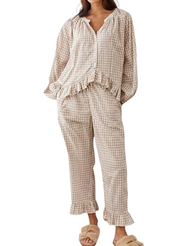 Arssm Womens Gingham Pajama Set 2 Piece Plaid Button Down Long Sleeve Shirt and Pants Pjs Lounge ... | Amazon (US)