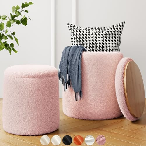 Boucle Pink Storage Ottoman Set of 2 - Round Sherpa Pouf Footstool for Living Room | Amazon (US)