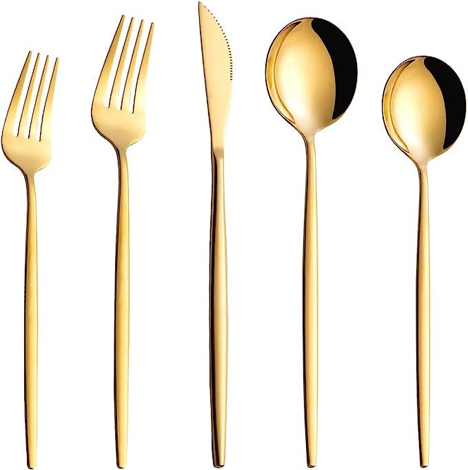 Amazon.com | Joincook 20 Piece Gold Silverware Set,Stainless Steel Flatware Cutlery Set Service f... | Amazon (US)