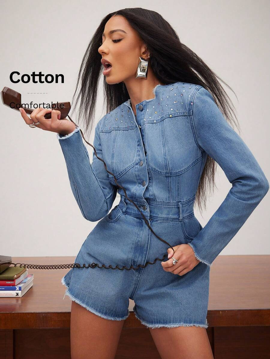 NYA SZN Women's Summer Fashion Rhinestone Washed Button Half-Placket Frayed Hem Long Sleeve Denim... | SHEIN