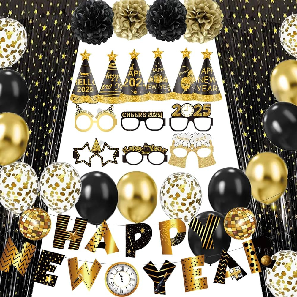 New Years Eve Party Supplies 2025, Happy New Year Banner Balloons, Black Gold Fringe Curtain Back... | Amazon (US)