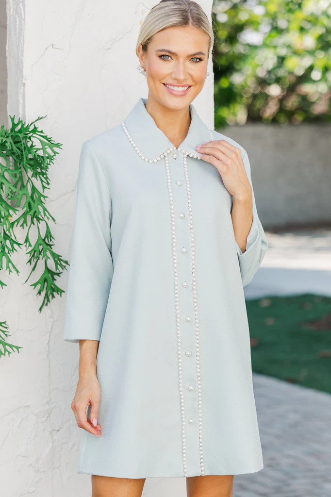 The Kindness Light Blue Pearl Embellished Button Down Dress | The Mint Julep Boutique