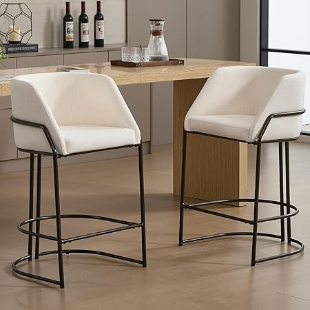 26" Tall Modern Barrel Bar Stools Set of 2, Beige Linen Upholstered Counter Height Barstools, Ind... | Amazon (US)