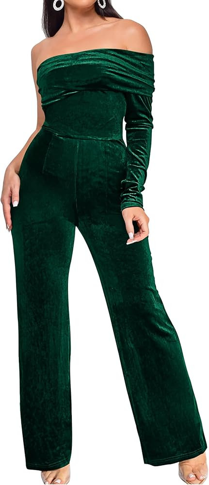 YMDUCH Women's Sexy Long Sleeve One Shoulder Long Pant Romper Wide Leg Jumpsuits | Amazon (US)