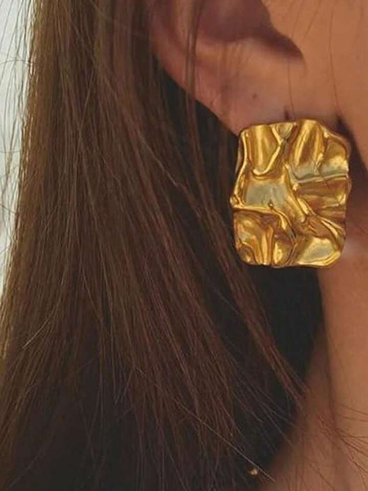 1pair Geometric Rectangle Gold Stud Earrings Irregular Hammered Chunky Statement Square Earrings ... | SHEIN