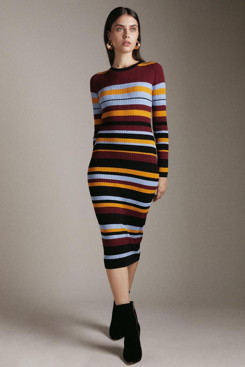 Light Weight All Over Cable Striped Dress | Karen Millen UK & IE
