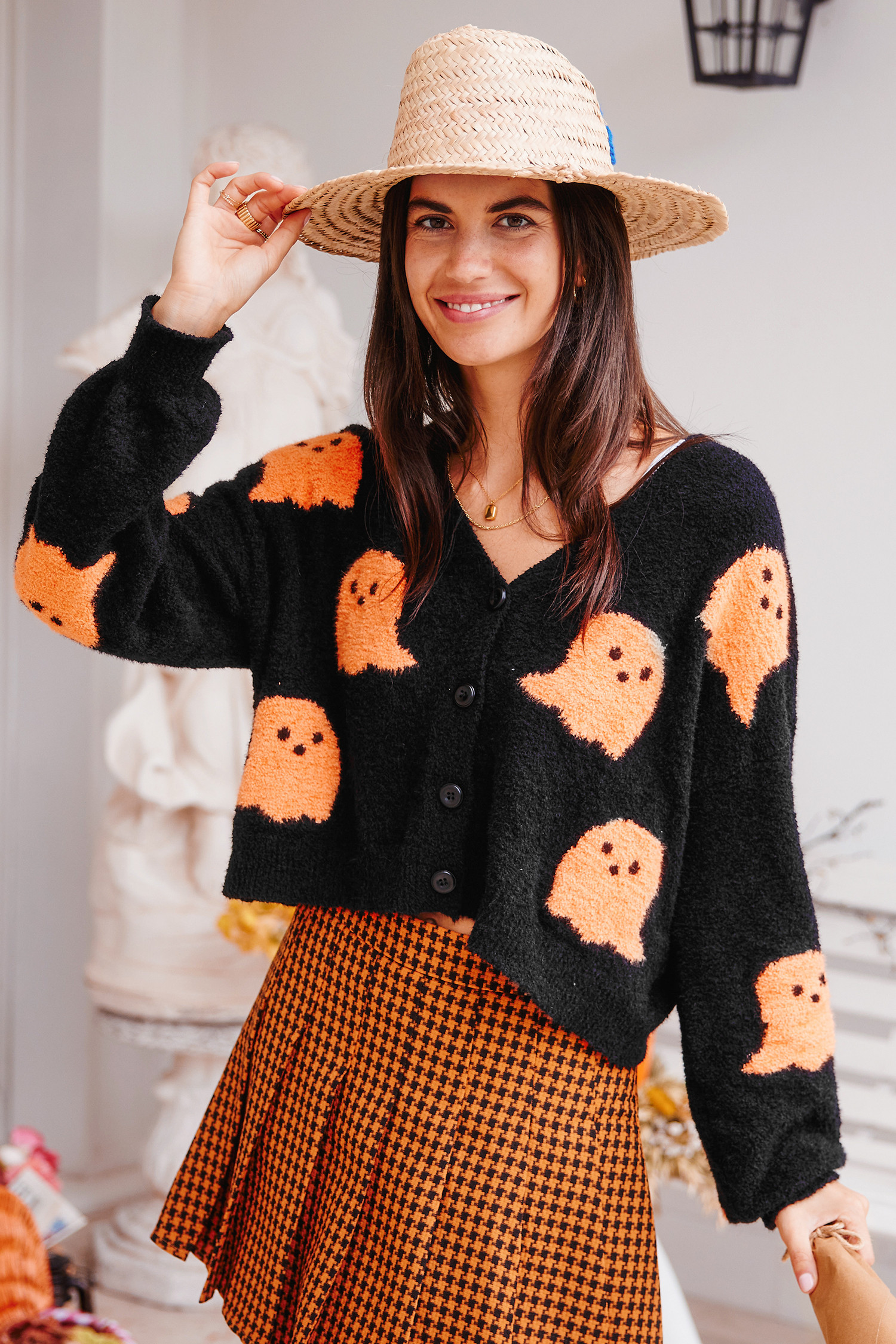 Black & Orange Ghostie Blouson Sleeve Cardigan - XL | Cupshe US