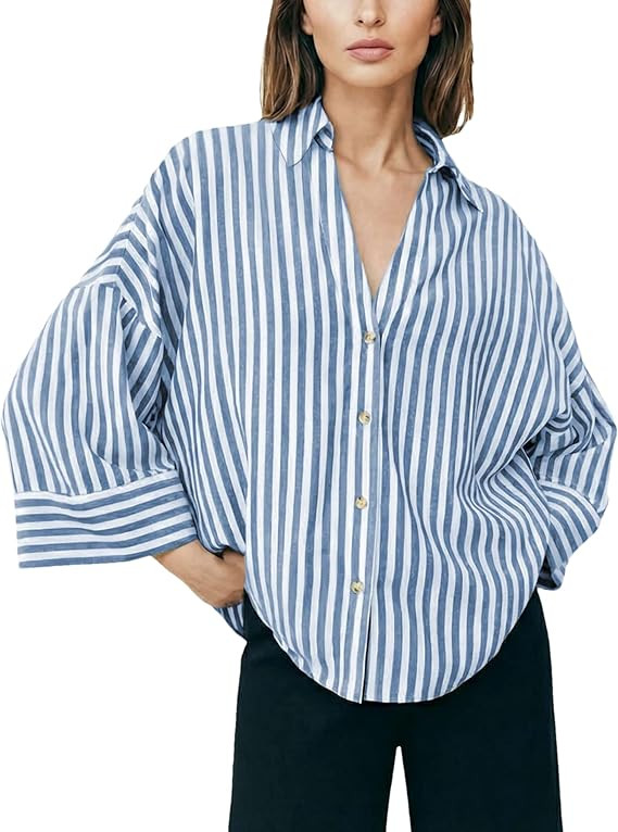Womens Striped Button Down Shirts Lapel V Neck 3/4 Sleeve Casual Blouses Summer Loose Fit Tops | Amazon (US)