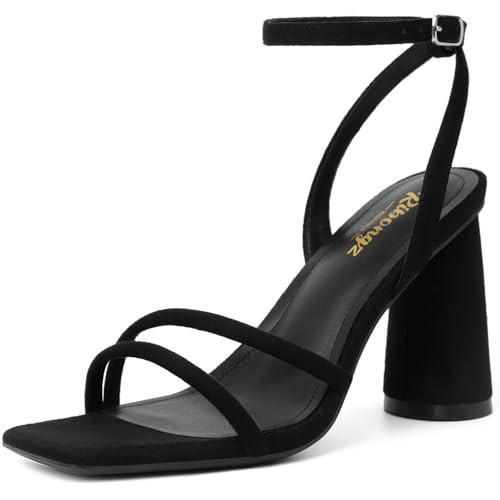 RIBONGZ Black Suede Strappy High Heels Block Heeled Sandals for Women Square Open Toe Ankle Strap Chunky Heels Wedding Party Bridal Dress Shoes 9 | Amazon (US)