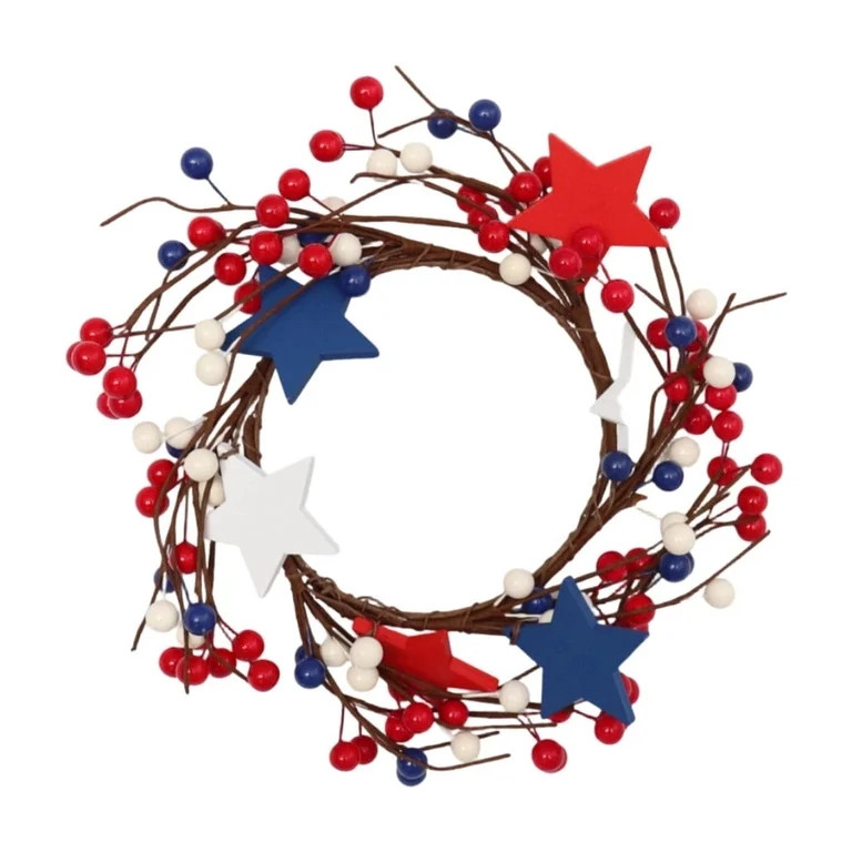 Leutsin 4th of July Star Wreath, Patriotic Artificial Twig Wreath with Red White Blue Berries and... | Walmart (US)
