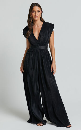 Lina Jumpsuit - Plunge Neck Pleated Wide Leg Jumpsuit in Black | Showpo (US, UK & Europe)