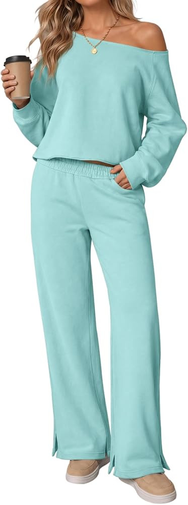Fisoew Womens 2 Piece Outfits Off the Shoulder Sweatshirts Crop Top Wide Leg Sweatpants Fall Casu... | Amazon (US)