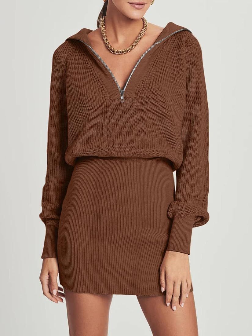 DEEP SELF Women's Casual Long Sleeve Bodycon Sweater Dresses Fall Half Zip V Neck Slim Fit Ribbed Kn | Amazon (US)
