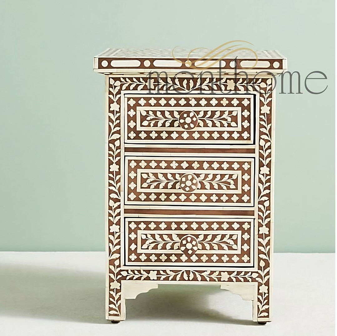 Moroccan Three Drawer Bedside Bone Inlay Handmade Bone Inlay Wooden table Side table Furniture Ha... | Etsy (US)