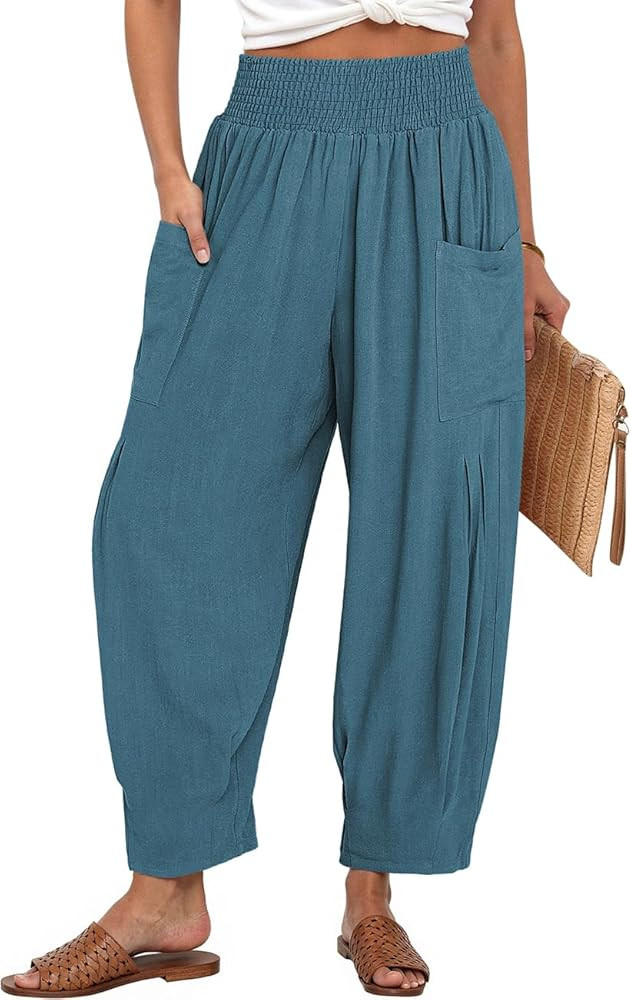 TARSE Women Linen Boho Pants Summer Casual Loose High Waist Cargo Lounge Harem Pant 2025 Beach Tr... | Amazon (US)