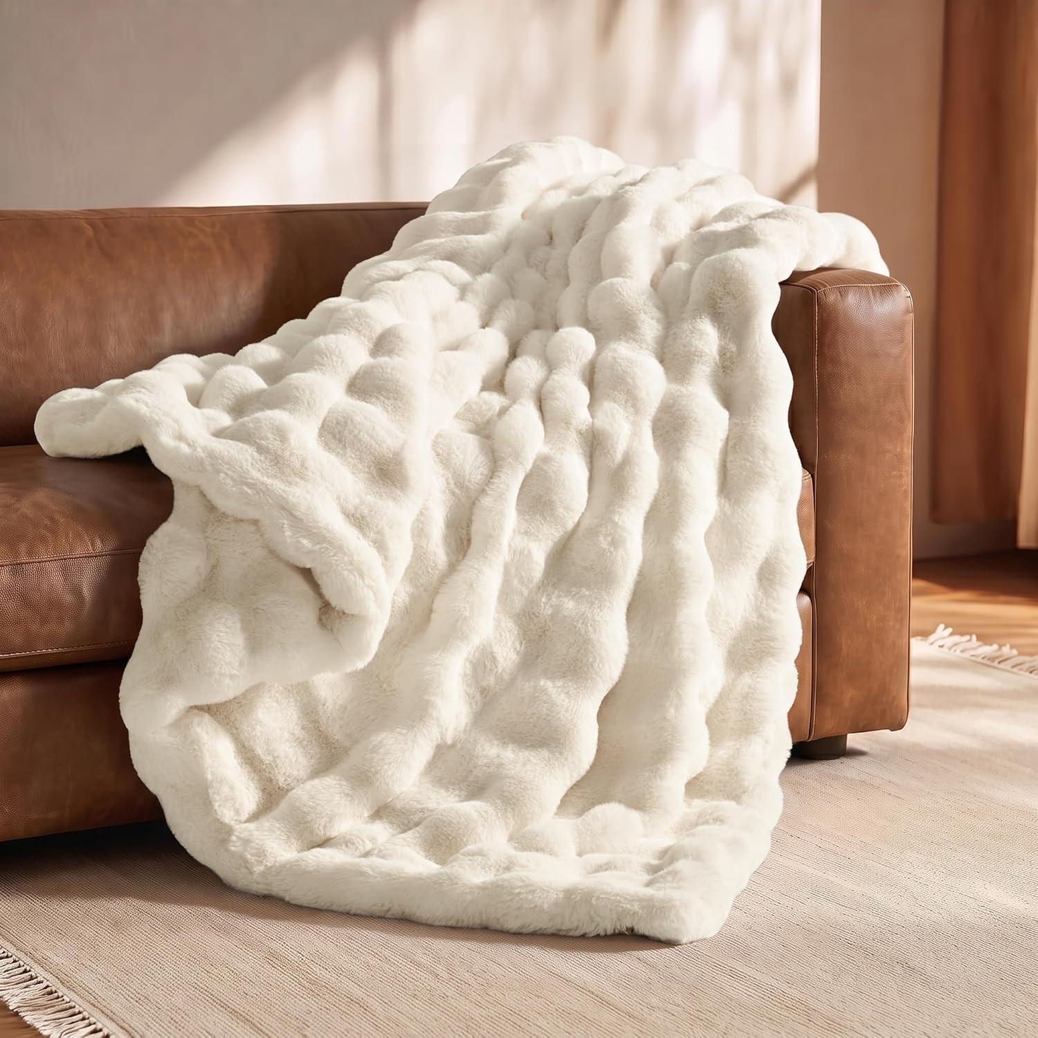 Double-Sided Bubble Faux Fur Throw Blanket, 50"x60", Ivory White | Amazon (US)