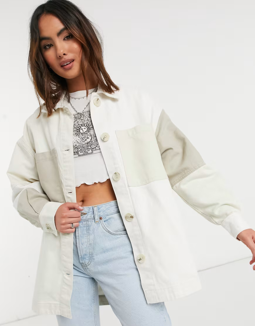 Bershka patchwork canvas shacket in beige-Neutral | ASOS (Global)