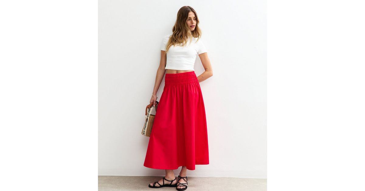 Red Shirred Waist Poplin Midi Skirt | New Look | New Look (UK)