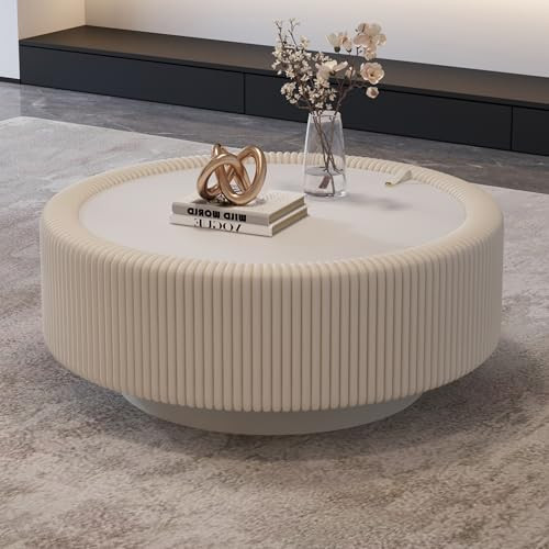 White Round Fluted Coffee Table with Tempered Glass Top, Unique Circle Coffee Table with PU Leather Body & Baked Enamel Base, Modern Minimalist Drum Accent Table for Living Room | Amazon (US)