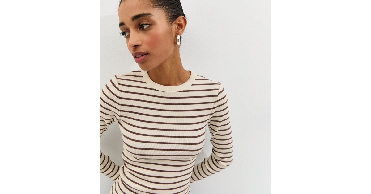 Cream Striped Rib Crew Neck Long Sleeve Top | New Look | New Look (UK)