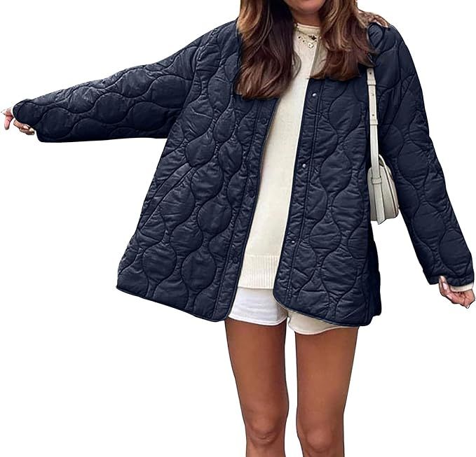 PRETTYGARDEN Women's Fall Fashion 2023 Quilted Bomber Jacket Casual Oversized Button Down Coat Ou... | Amazon (US)
