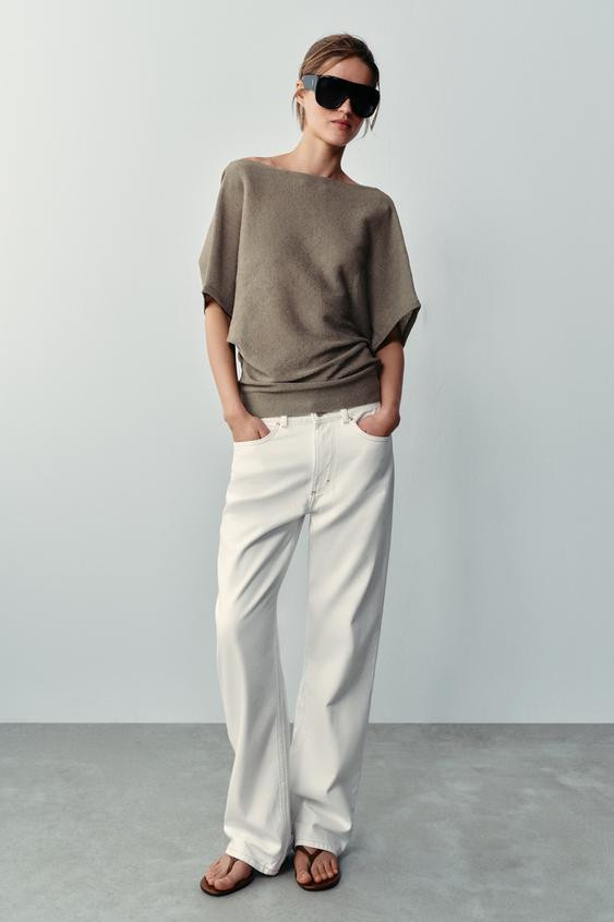 Zara - Knit Top With Draped Back Neckline - Taupe Gray - S - Woman | Zara US