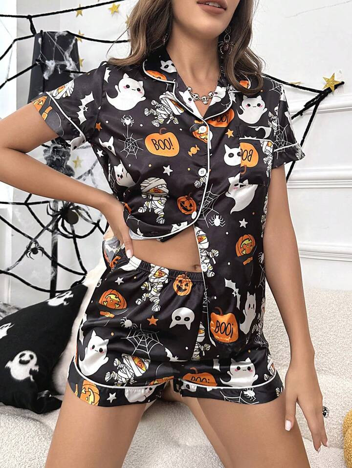 Halloween Print Contrast Piping PJ Set | SHEIN