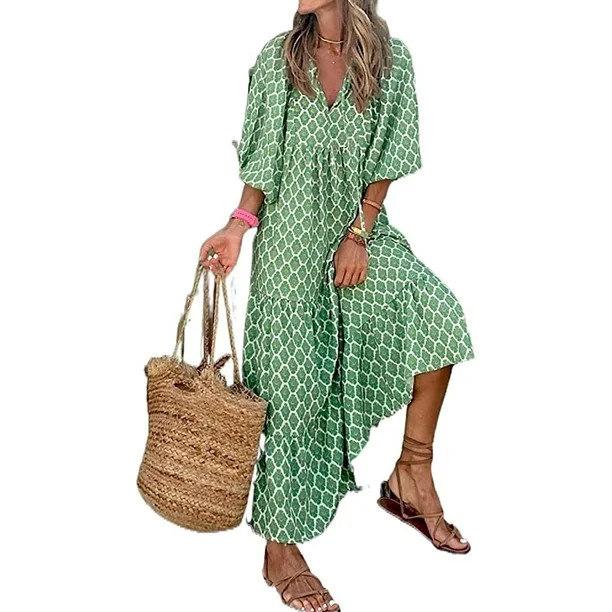 Women Short Puff Sleeve V Neck Maxi Dress Summer Boho Floral Printed Dress Smocked Tiered Flares ... | Walmart (US)