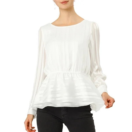 Women's Satin Chiffon Long Sleeve Ruffled Peplum Tops Blouse M White | Walmart (US)