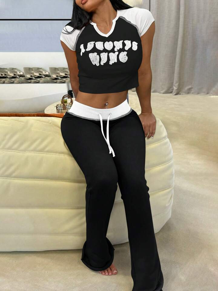 LovelyWholesale LovelyWholesale Women'S Casual V-Neck Short Sleeved Letter Crop Top And Drawstrin... | SHEIN