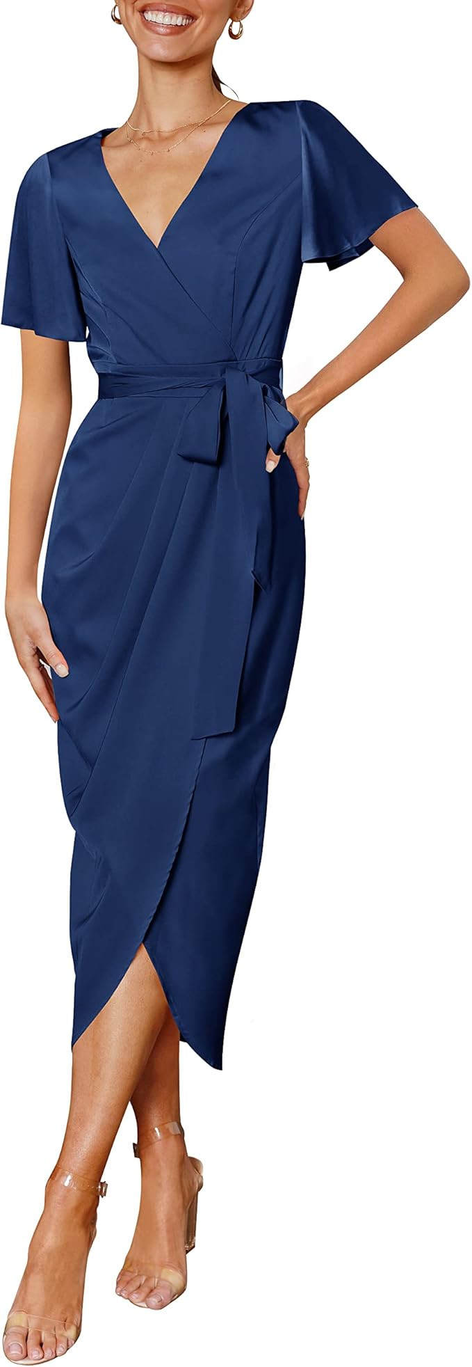 ZESICA Women's 2023 Summer Bodycon Dress Satin V Neck Short Sleeve Ruched Tie Waist Wrap Split Co... | Amazon (US)