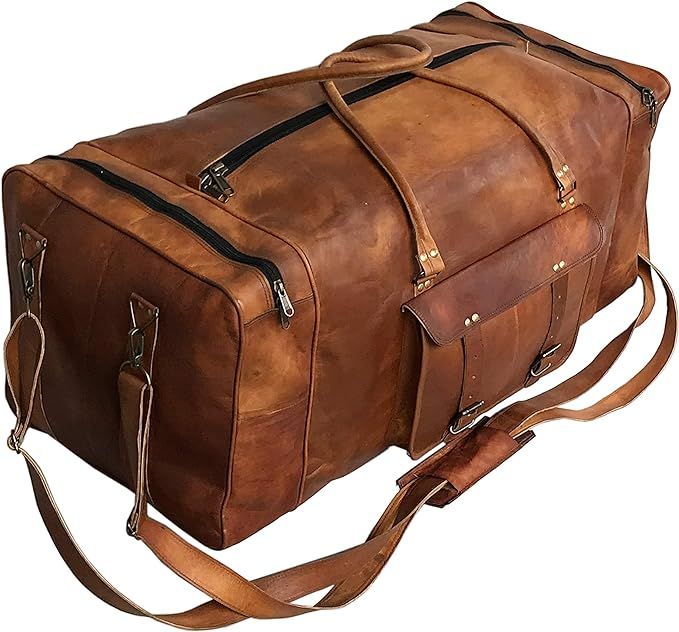 Large Leather 32 Inch Luggage Handmade Duffel Bag Carryall Weekender Travel Overnight Gym Sports ... | Amazon (US)