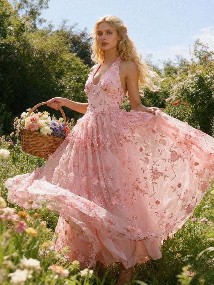 Glamine Charm Elegant Floral Jacquard Deep V-Neck Midi Dress, Suitable For Valentine's Day Layering Pink Wedding Dress Garden Party Formal Dress Garden Wedding Guest Dress | SHEIN