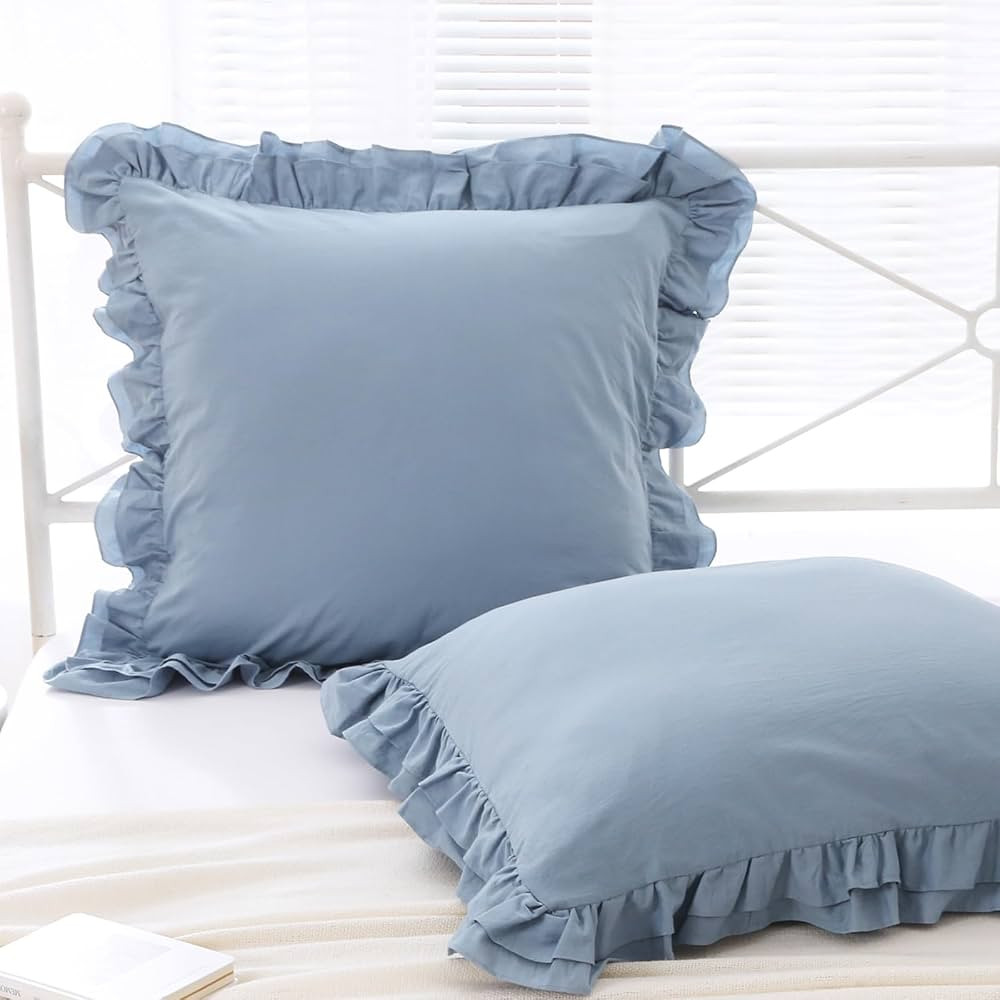2 Pack Dust Blue Ruffle Euro Pillow Sham Covers 26x26 inches, 100% Cotton French Country Rustic V... | Amazon (US)