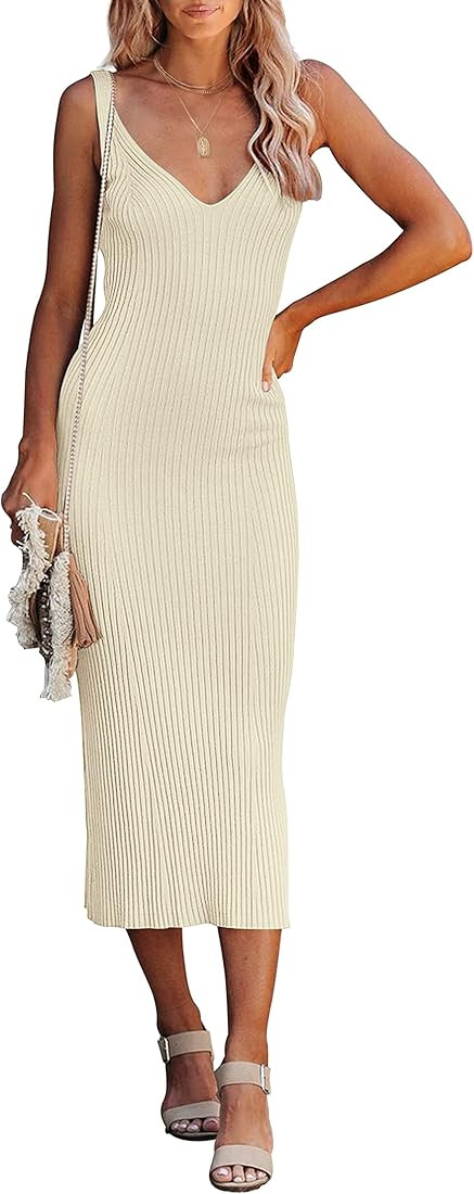 MEROKEETY Women's 2023 Summer V Neck Knit Midi Dress Bodycon Sleeveless Ribbed Sweater Dresses | Amazon (US)
