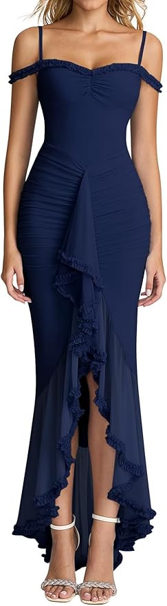 KUTUMAI Women Ruffle Bodycon Maxi Dress Ruched Long Formal Cocktail Wedding Guest Dresses | Amazon (US)