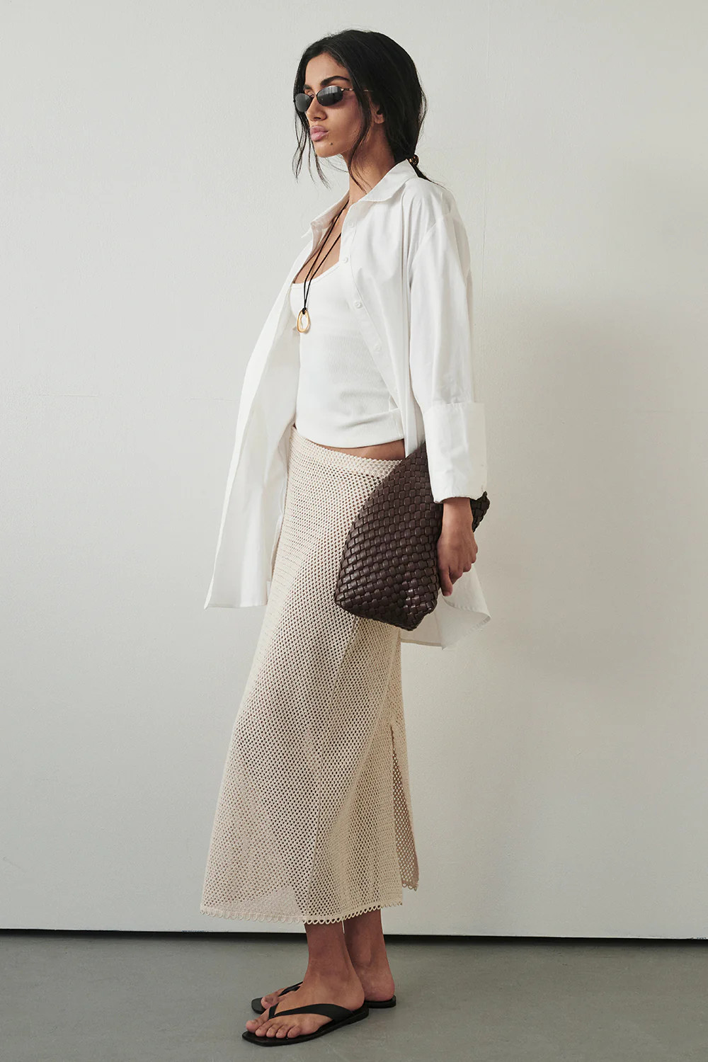 ANNE NATURAL OPEN KNIT MIDI SKIRT | DISSH