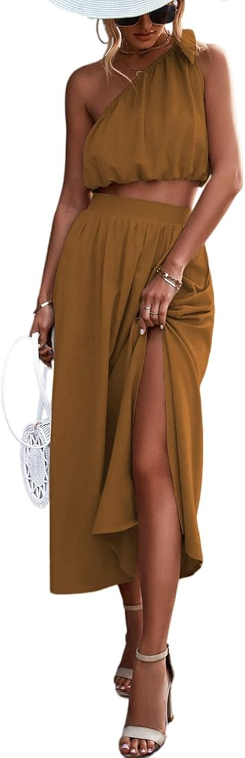 Umenlele Women's 2 Piece Outfits Tie Knot One Shoulder Tank Top High Waist Side Split Maxi Skirt | Amazon (US)