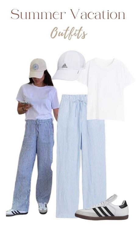 T shirt, striped pants, white cap, summer outfits, summer vacation outfit 

#LTKFindsUnder50 #LTKStyleTip #LTKTravel
